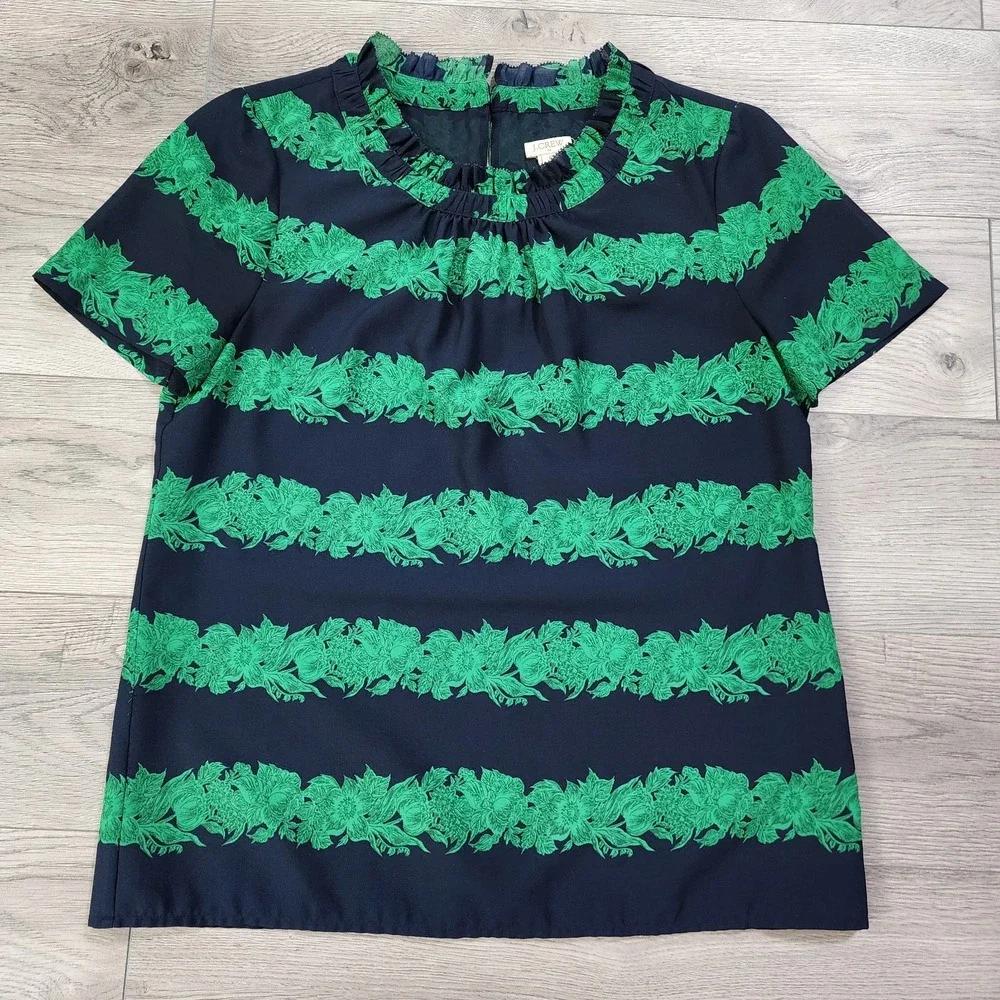 J CREW‎ Women's 6 Meghan Markle Ruffle Beanstalk Stripe High Neck Top Navy Green